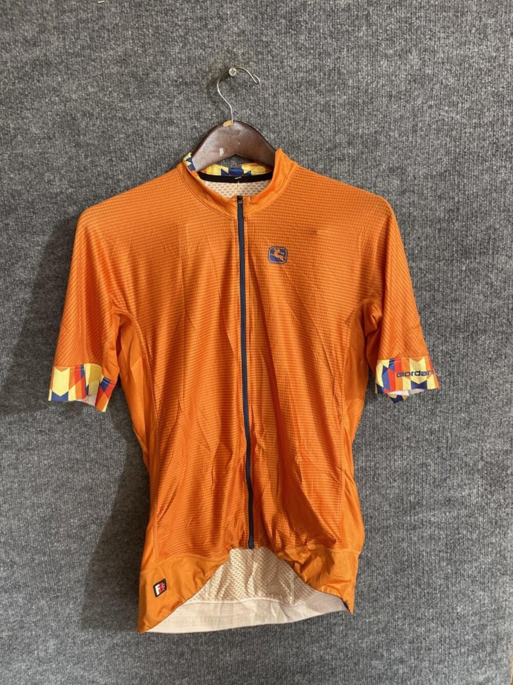 Giordana Cycling Jersey Mens Medium Orange Geometric Full Zip Pockets Bike